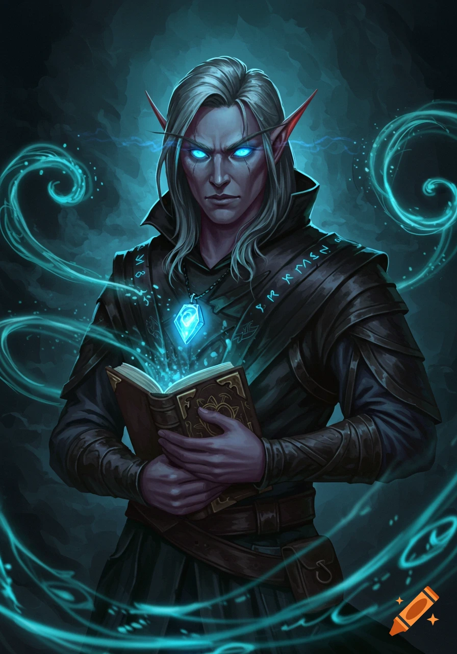 Portrait of a male half-elf warlock with glowing blue eyes, wearing dark armor, holding a glowing book, surrounded by blue magical energy.