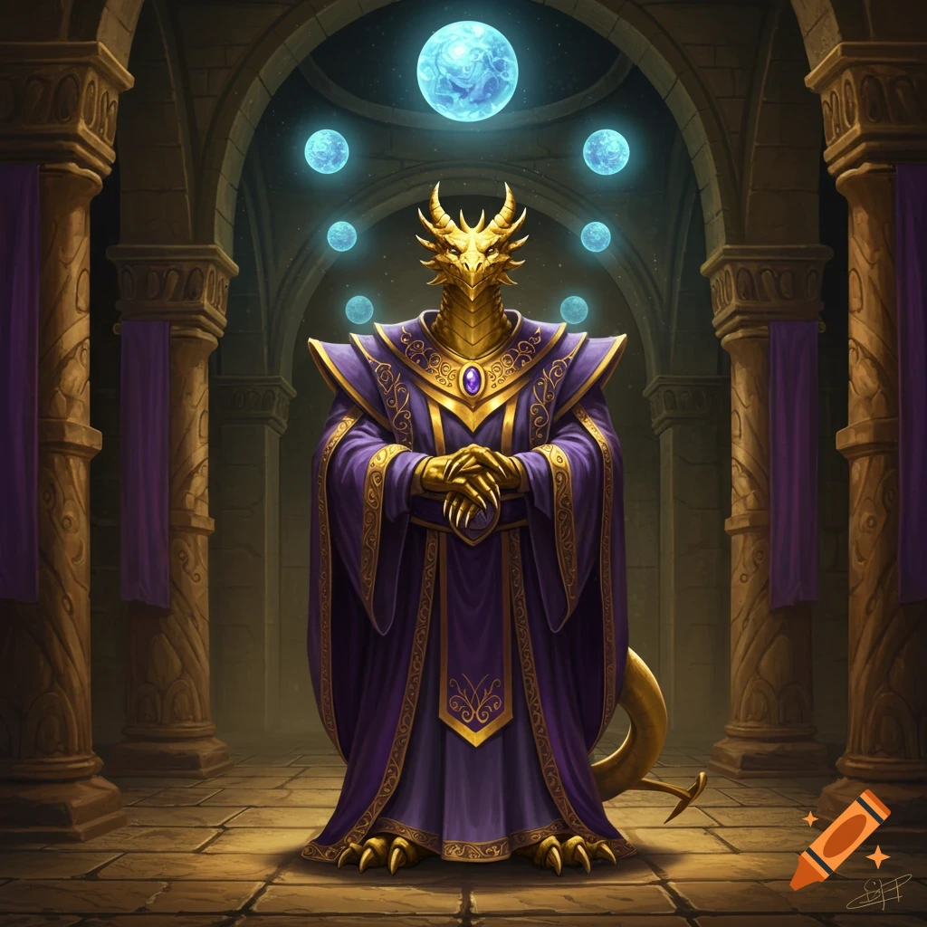 A golden dragonborn in ornate purple and gold robes stands in an ancient stone hall, with glowing blue orbs floating above.
