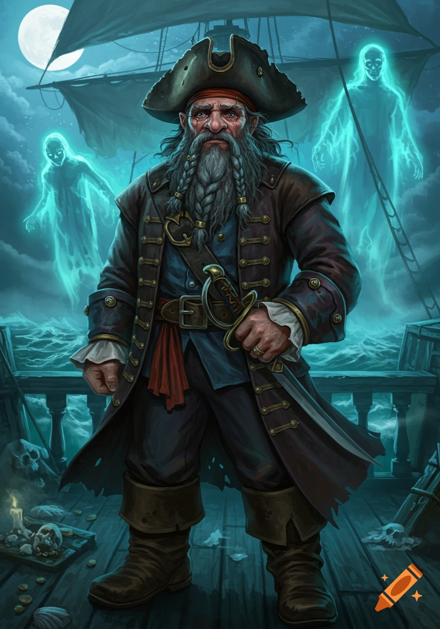A grizzled dwarven pirate with a long braided beard stands on a ship deck at night, haunted by two glowing blue ghosts.