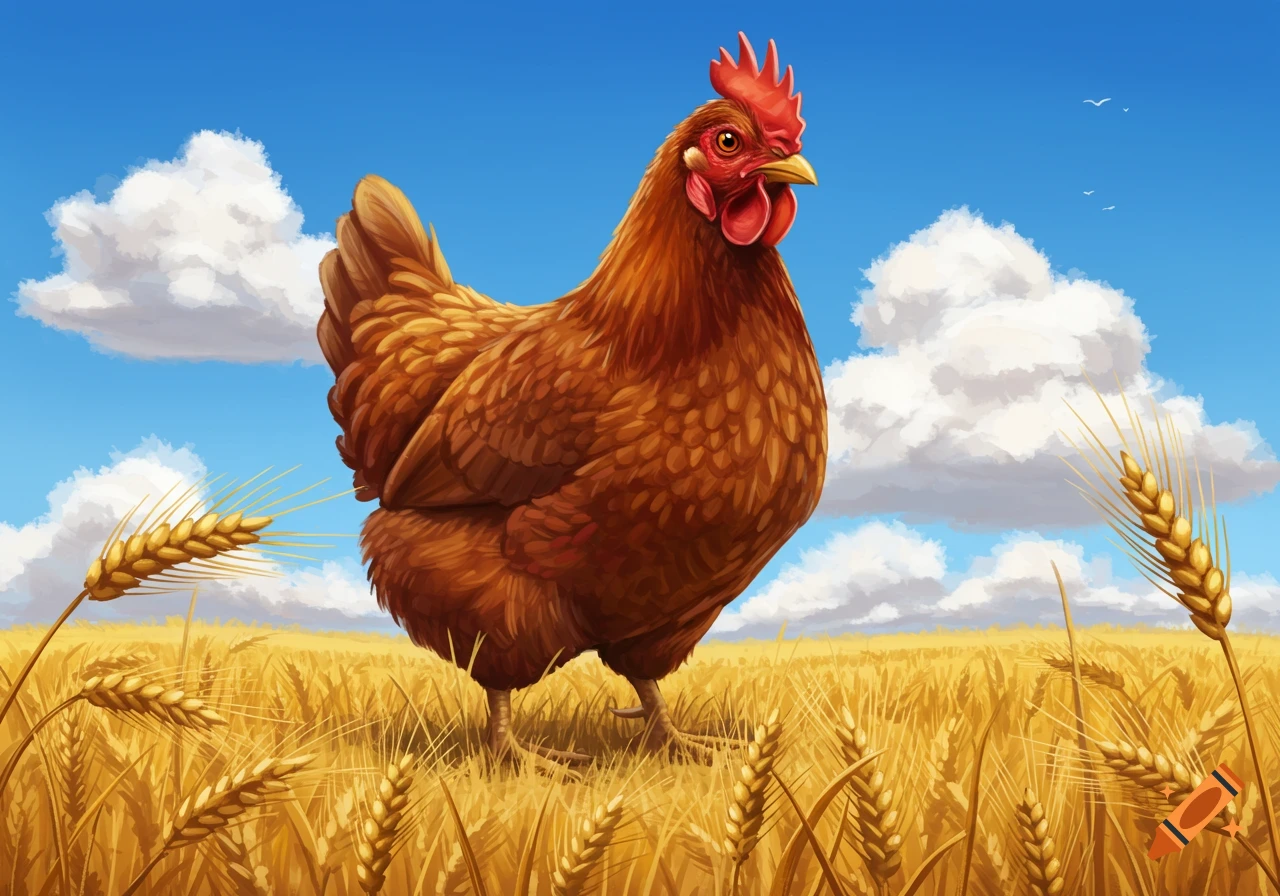 A large brown chicken stands prominently in a golden wheat field under a blue sky with white clouds, in a stylized illustration.
