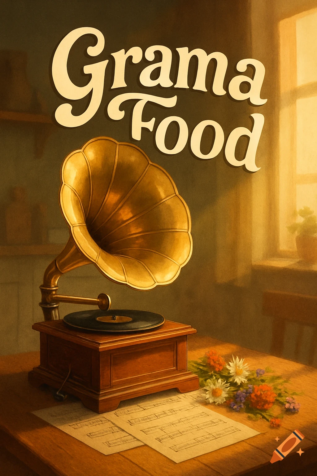 Grama Food text above a vintage golden gramophone with sheet music and flowers on a wooden table.
