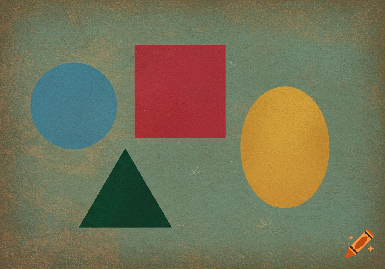 Abstract vintage painting with a blue circle, red square, green triangle, and yellow oval on a textured teal background.