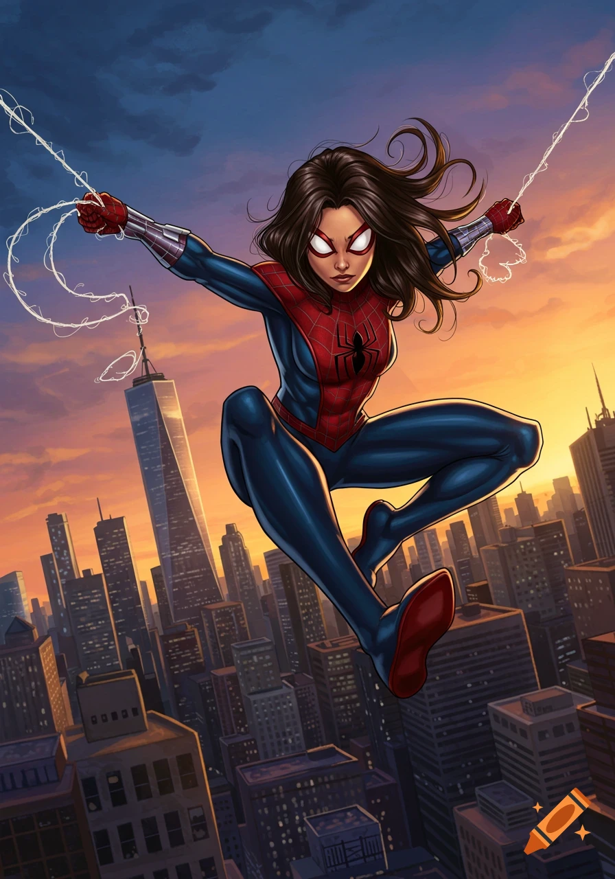 Mayday Parker Spider-Girl web-swinging above a city at sunset in a comic book art style.