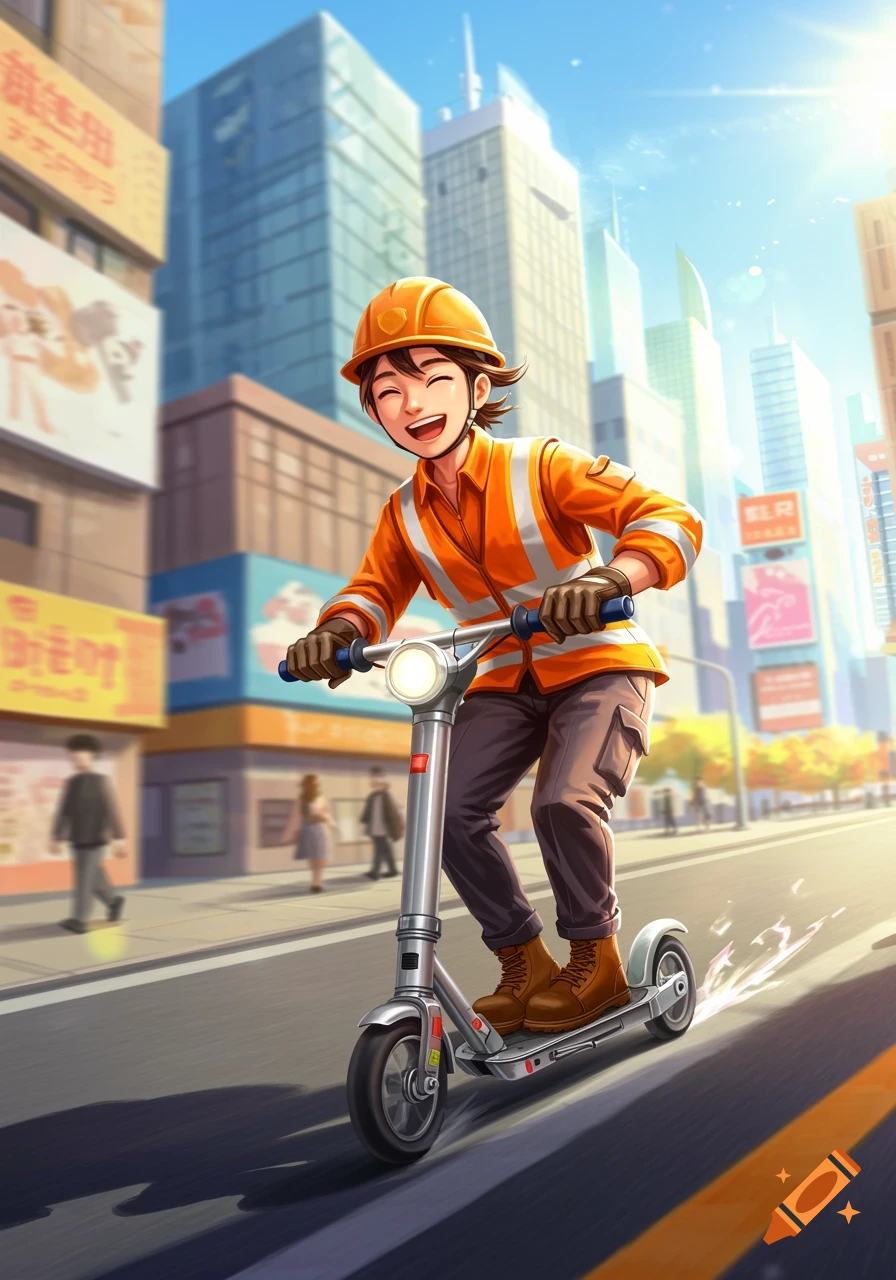 A smiling young road worker in an orange vest and hard hat rides an electric scooter down a sunlit city street in an anime art style.