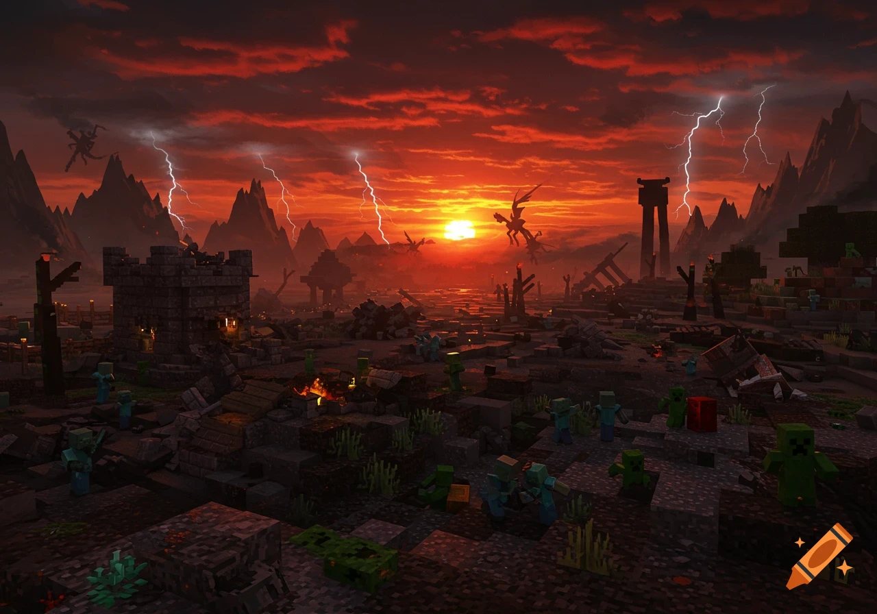 A blocky Minecraft apocalyptic landscape at sunset with a fiery red sky, lightning, crumbling structures, zombies, and dragons flying.