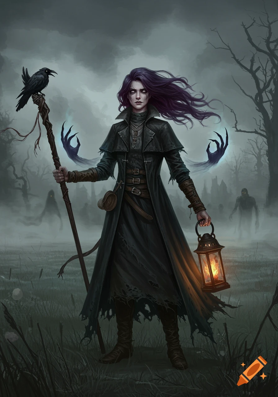 A grimdark fantasy woman with purple hair in a black trenchcoat holds a crow staff and a lantern in a misty, spooky graveyard.