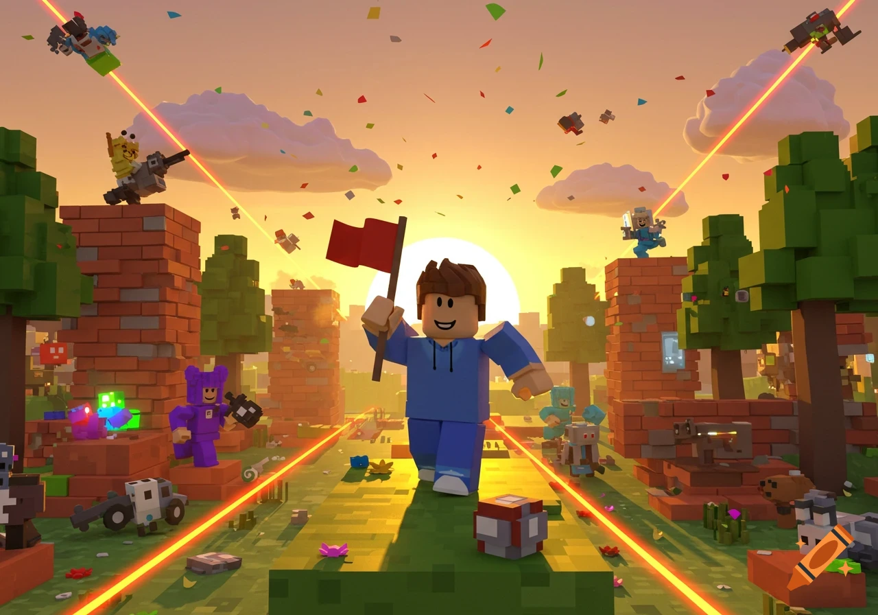 A vibrant 3D Roblox-style game scene with blocky avatars, one holding a red flag, under a sunset sky.