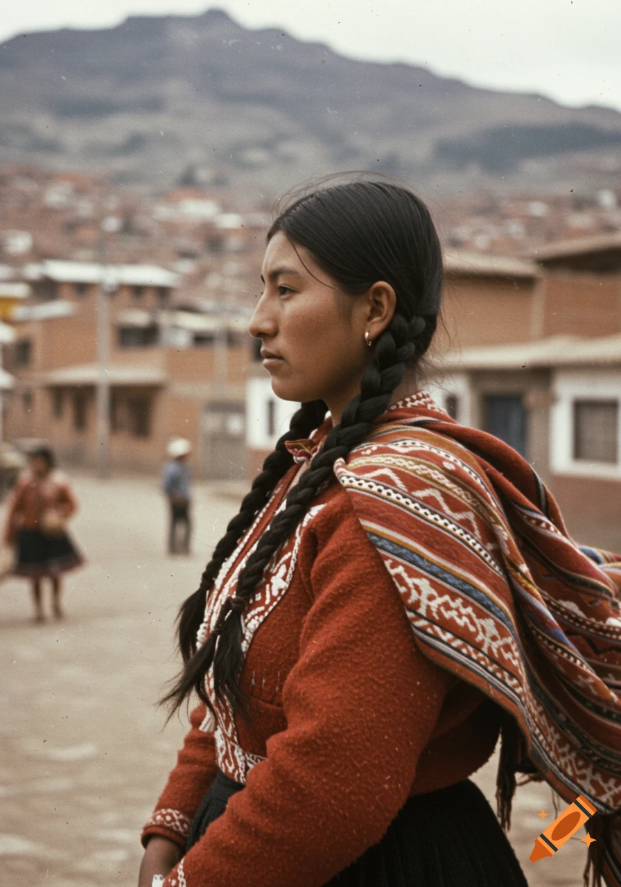 Profile of young Aymara woman with long braids in traditional red attire, on a village street with mountains.
