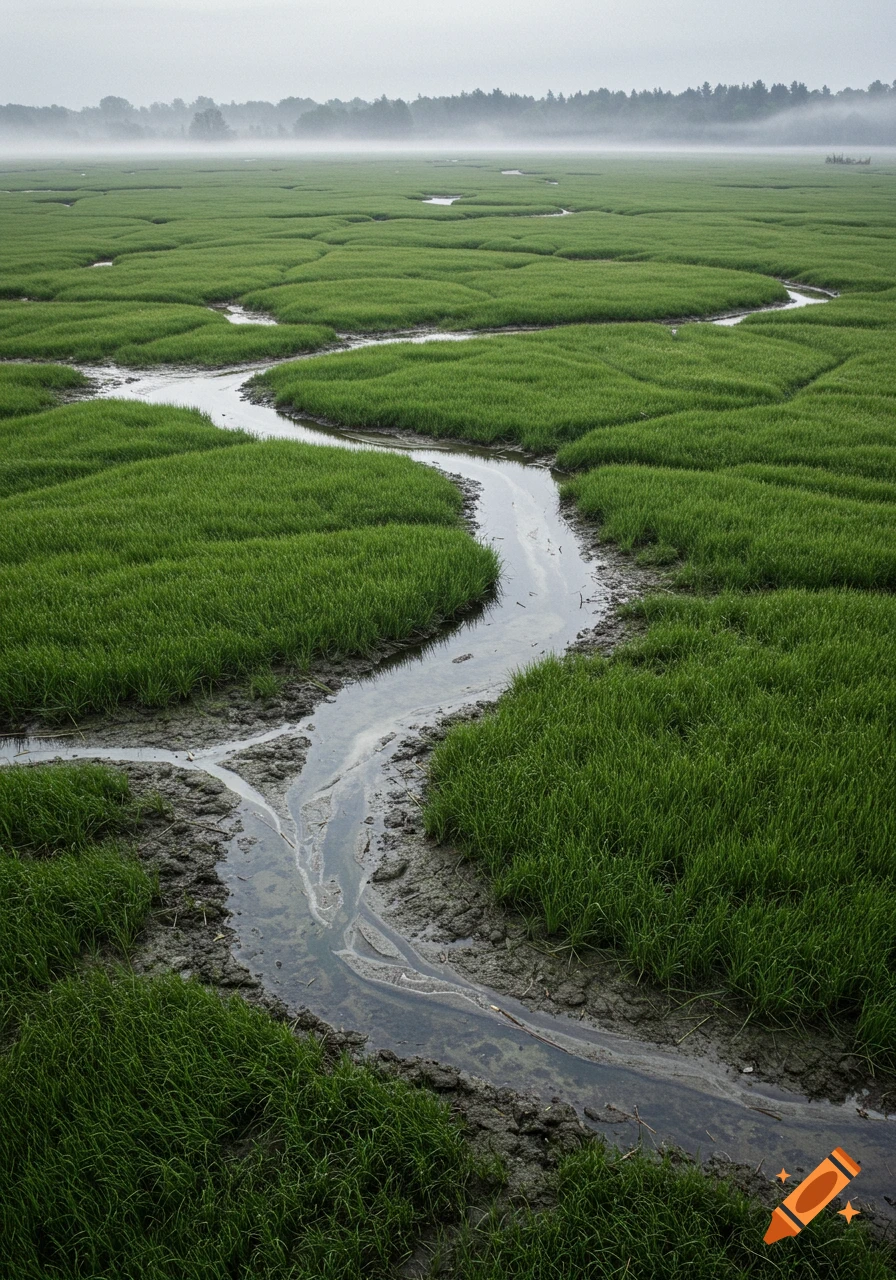 A winding stream through a lush green marsh under a misty sky.
