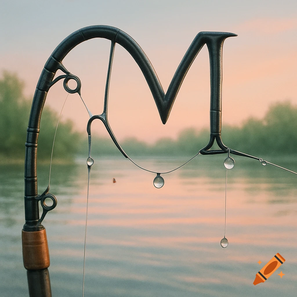 Photorealistic image of a fishing rod shaped like the letter M, with water droplets on the line, over a tranquil lake at sunrise.