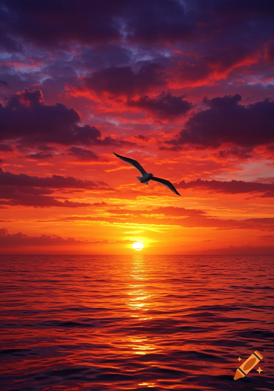 A vibrant red and orange sunset over a calm ocean with a seagull flying across the sky.