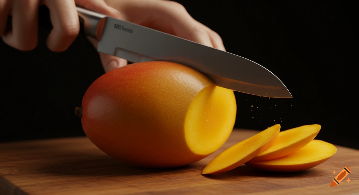 A close-up, hyper-realistic shot of a hand slicing a mango on a wooden cutting board, with several slices already cut.