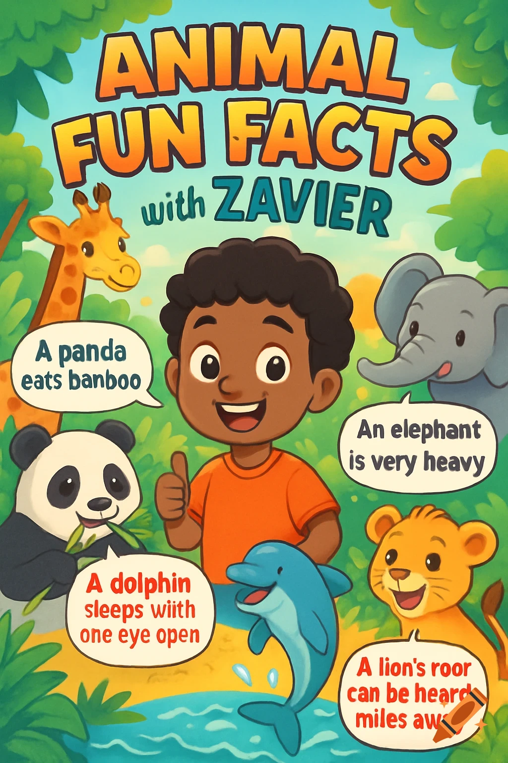 A cartoon cover for "Animal Fun Facts with Zavier" shows a boy surrounded by happy cartoon animals including a giraffe, panda, elephant, dolphin, and lion cub.