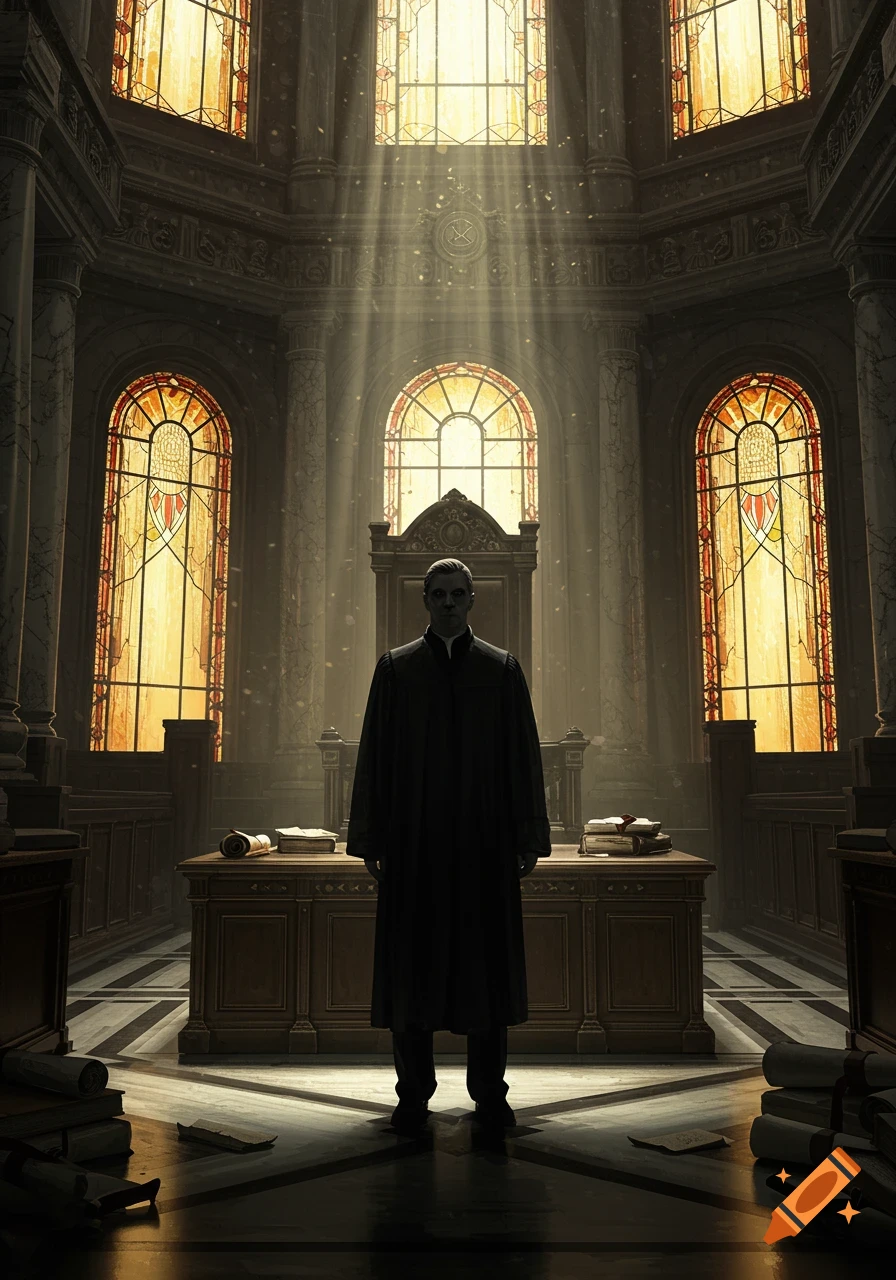 A robed figure stands in a grand, dark hall with ornate stained glass windows and dramatic light.