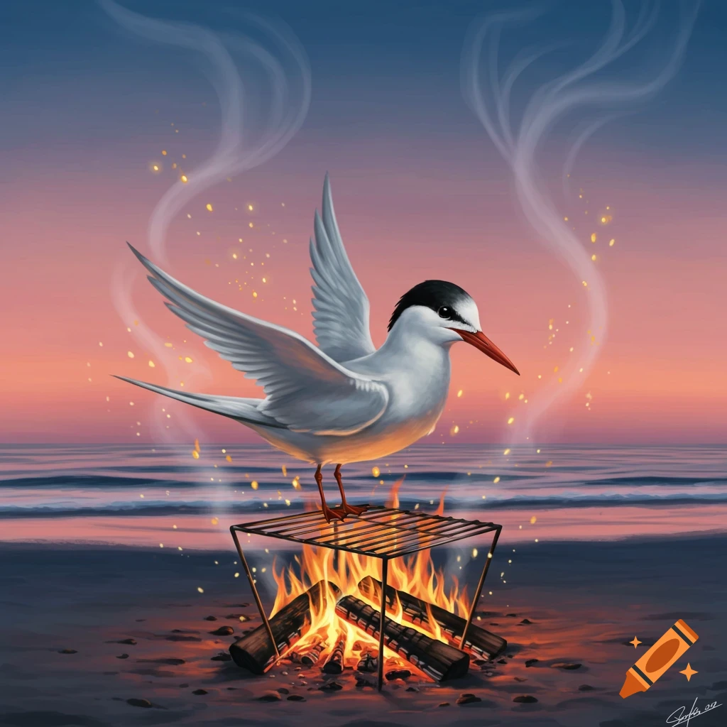 A tern bird stands on a small grill with a fire burning below, on a beach at sunset, in a digital painting style.