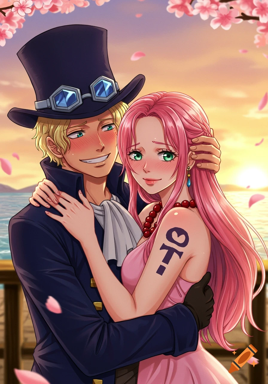 Sabo from One Piece embracing a blushing woman with long pink hair and a tattoo on her arm, with a sunset and cherry blossoms in the background.