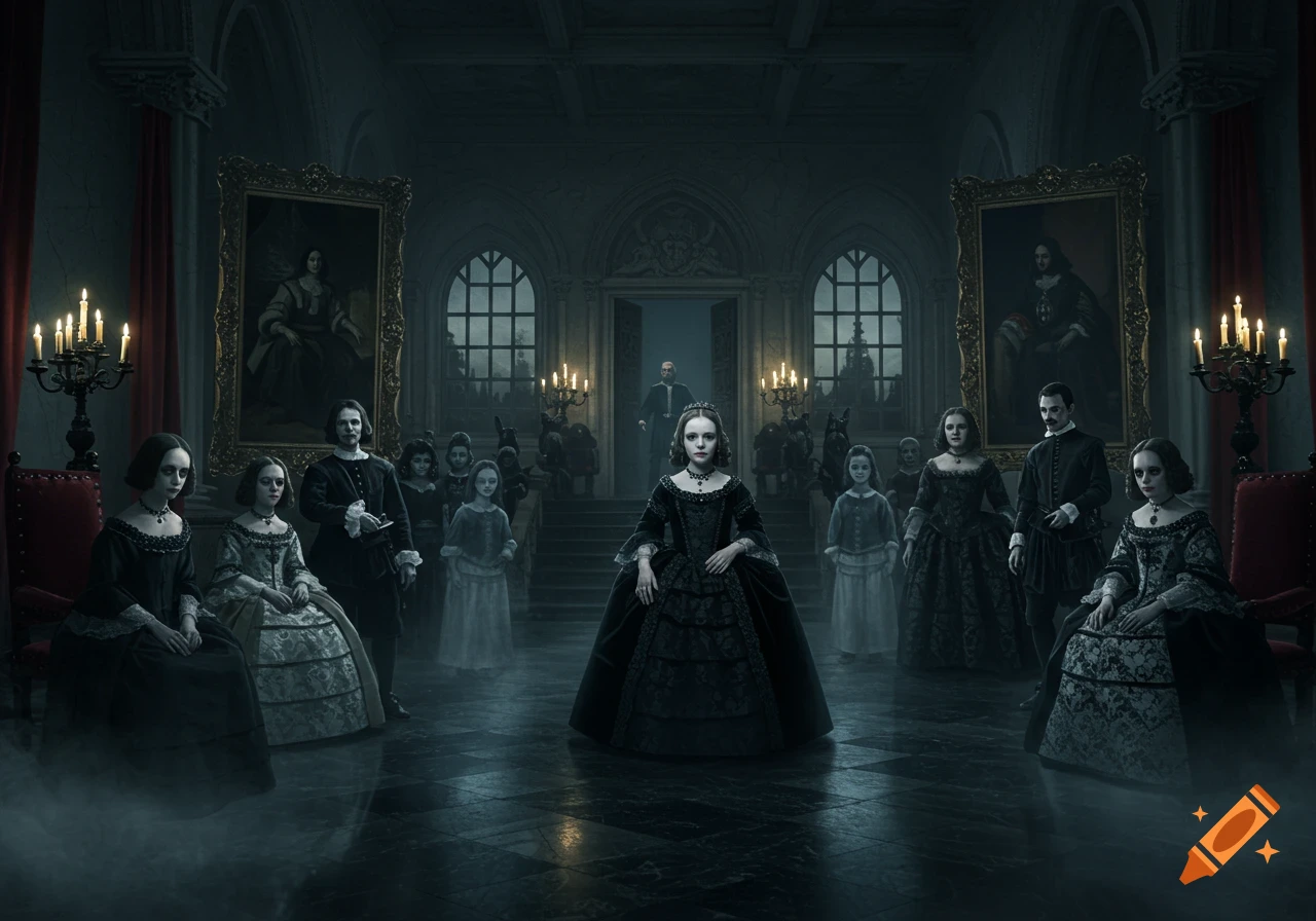 A dark, eerie scene in a gothic palace with a pale girl in a black dress surrounded by ghostly figures and attendants, lit by candles.
