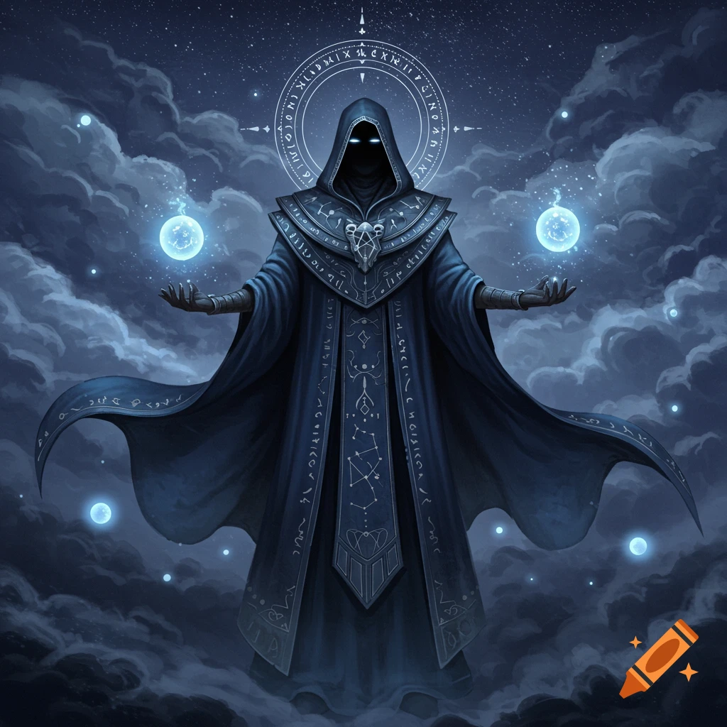 A dark hooded figure in a wizard robe holds glowing blue orbs under a starry sky with clouds and a mystical halo.