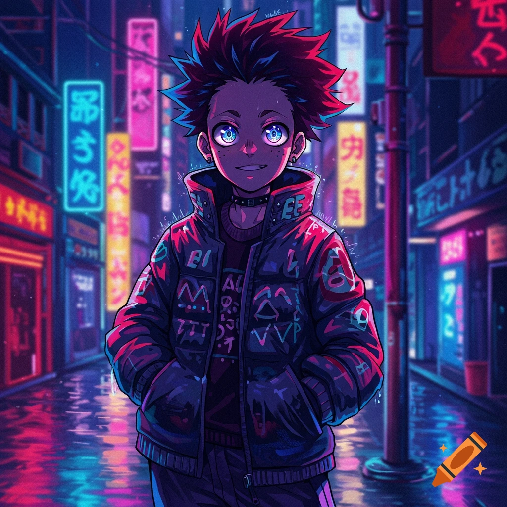An anime character with spiky red hair and blue eyes smiles in a neon-lit cyberpunk city street, wearing a dark, decorated jacket.