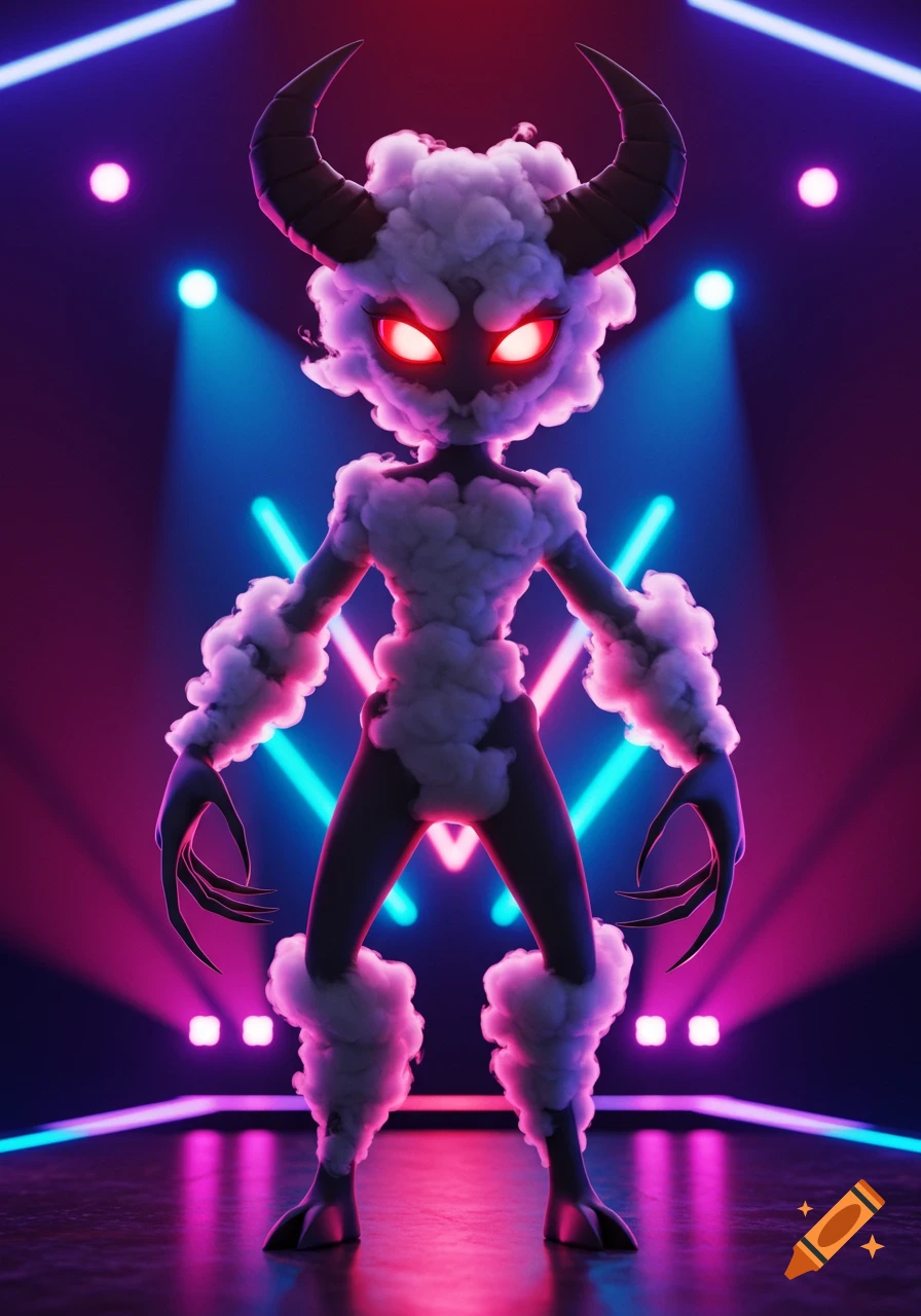 A stylized 3D demon with a smoky body, horns, and glowing red eyes stands on a stage bathed in neon lights.