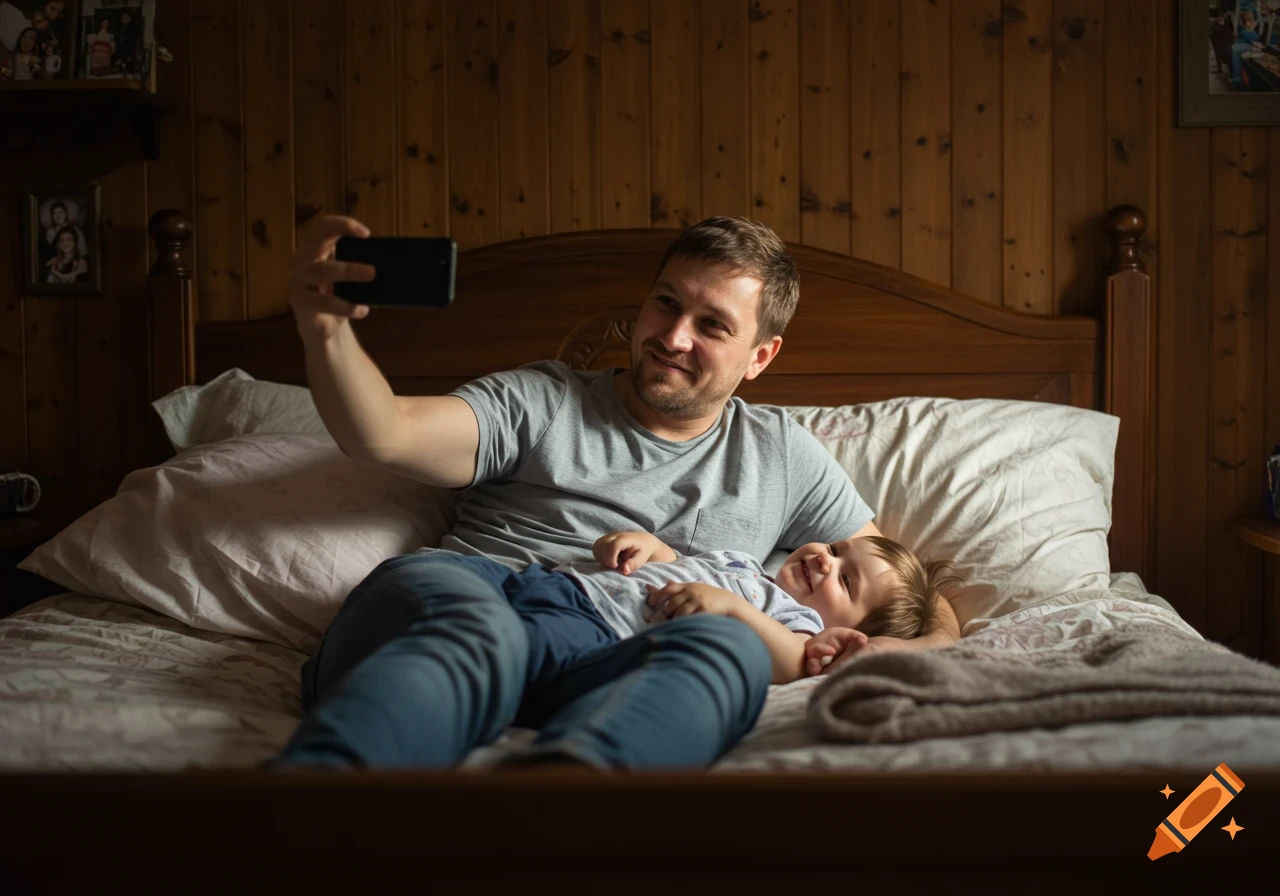 A father and his young son lie on a bed, taking a selfie with a phone, smiling at the camera in a photorealistic style.