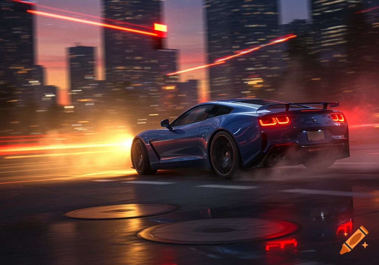 A blue sports car speeds through a city street at night, with motion blur, bright headlights, and red taillights reflecting on the wet pavement. City lights blur in the background.