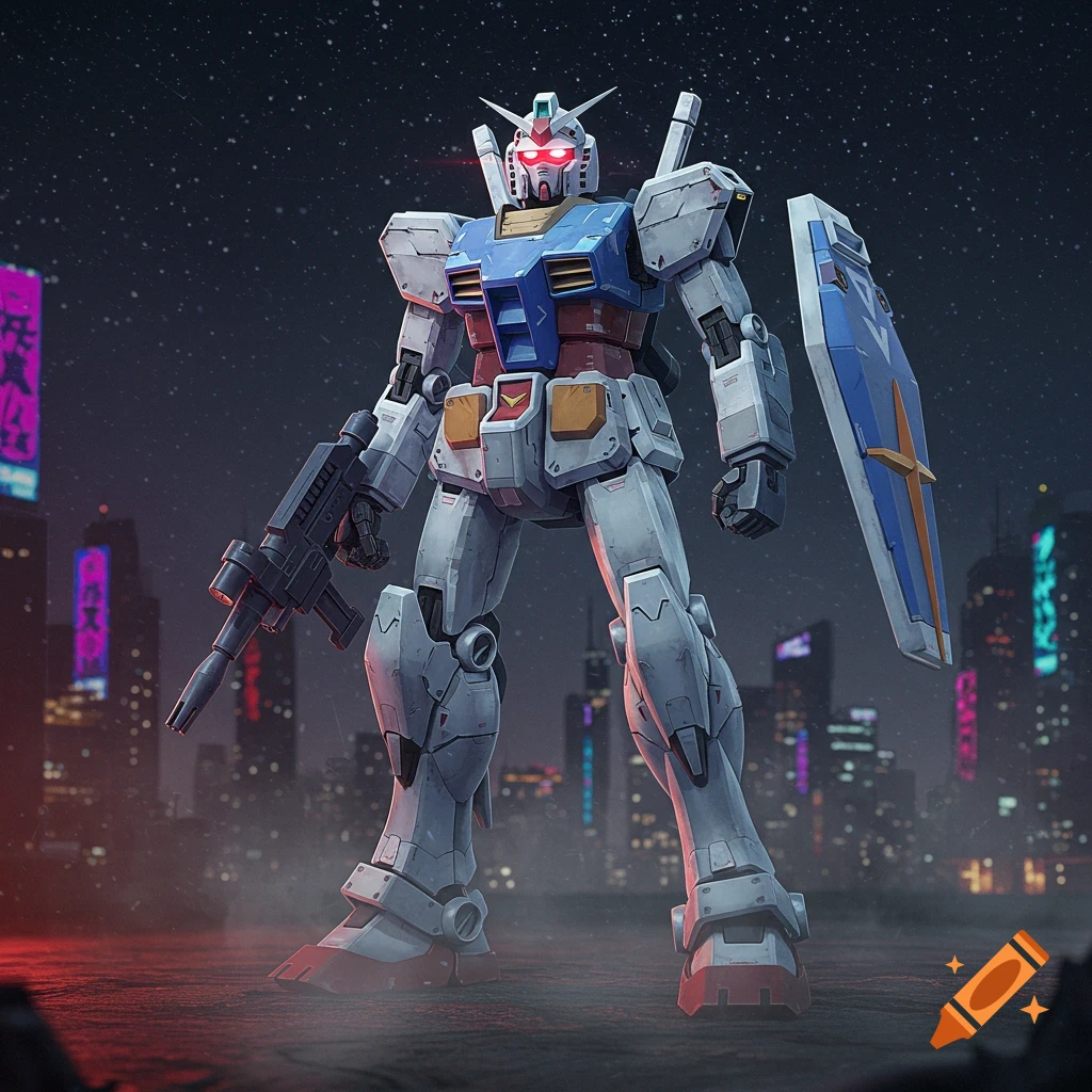A white, blue, and red mech with glowing red eyes stands in a futuristic city at night, holding a rifle and shield.