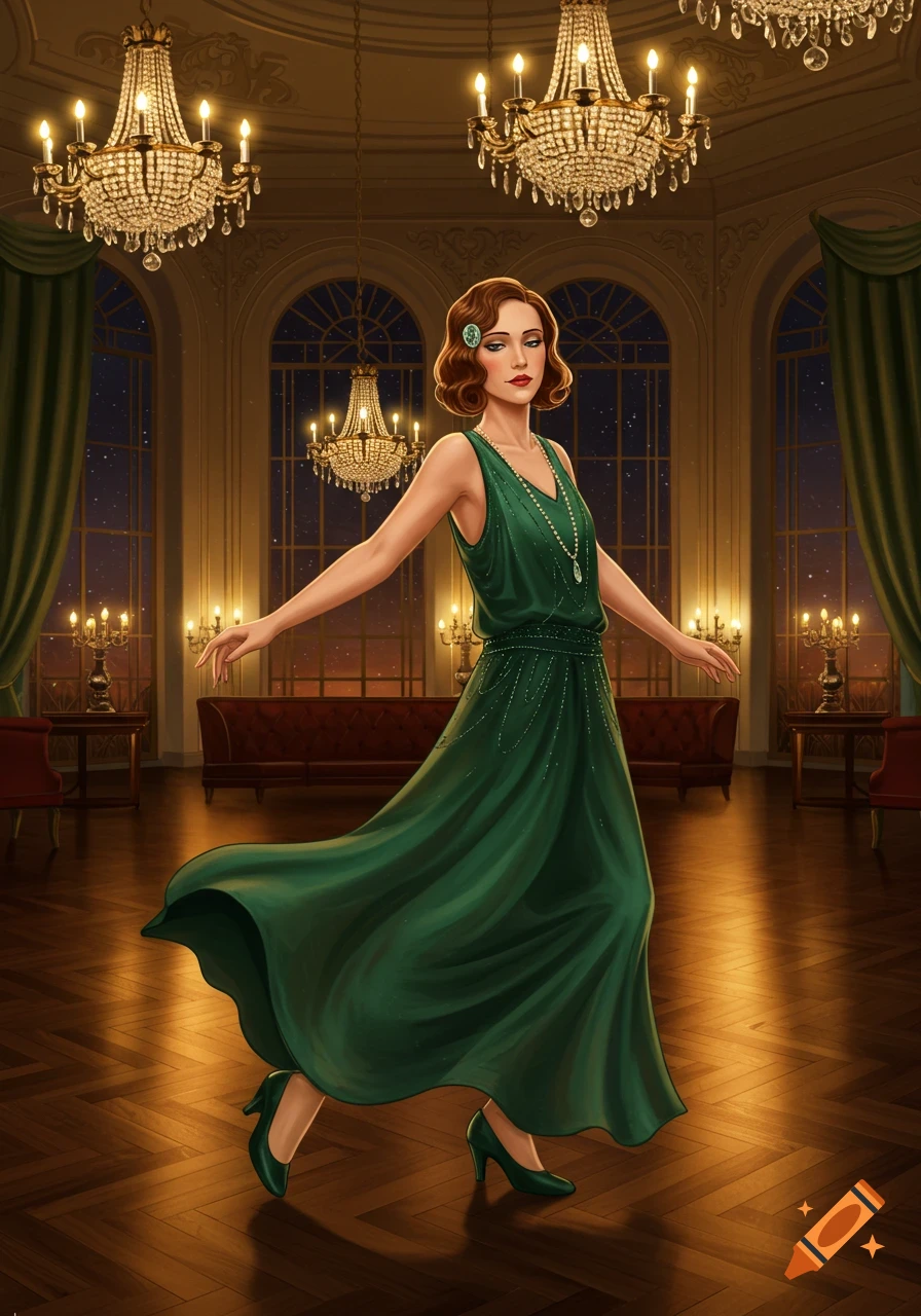 An illustrated woman in a green 1930s-style dress dancing in a grand ballroom under chandeliers.