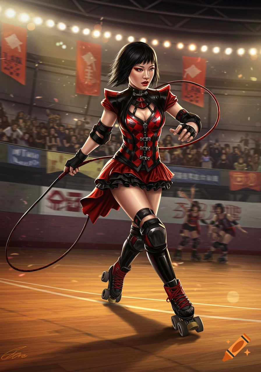 A stylized woman in red and black roller derby gear with a whip on a track, a crowd in the background.