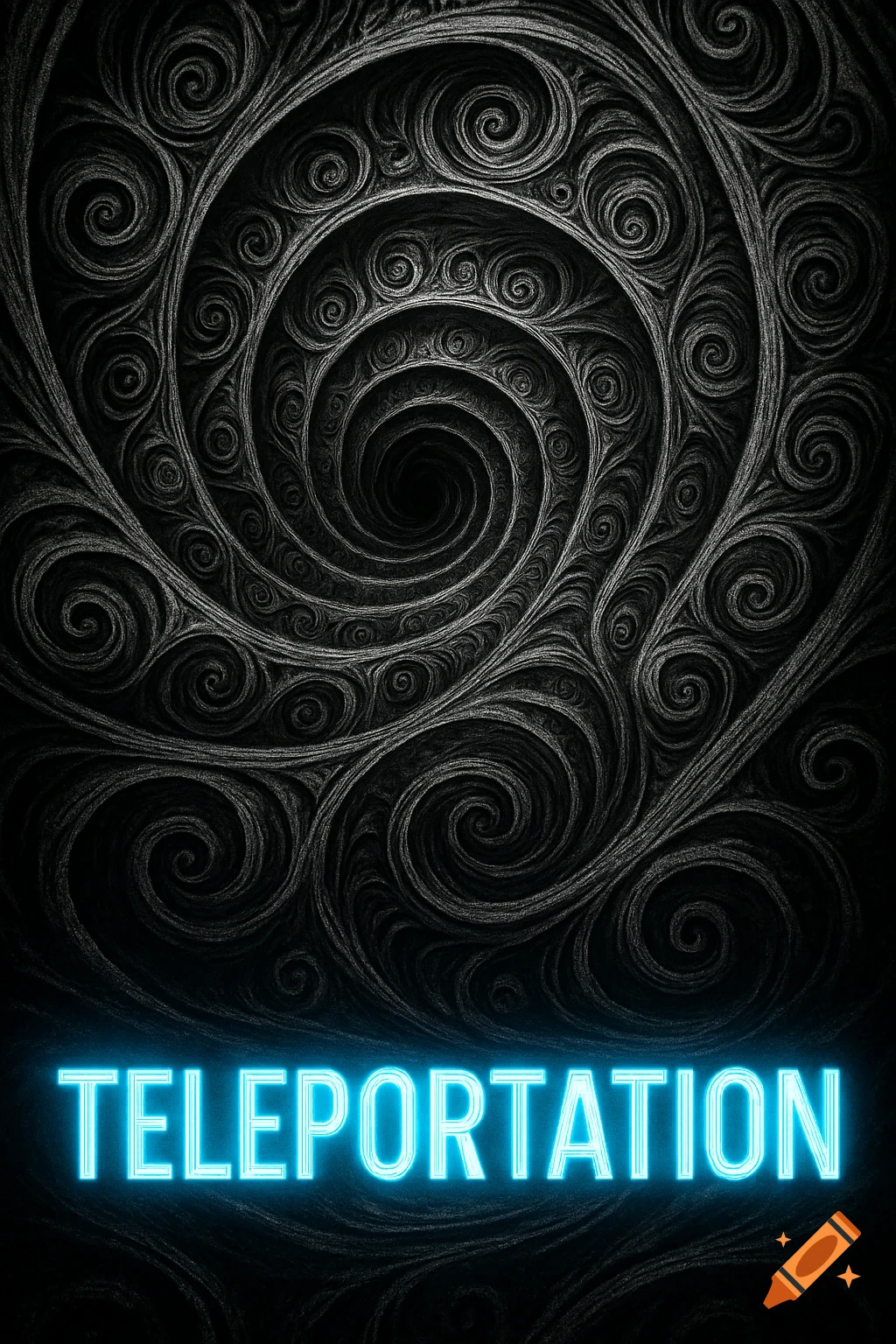 A dark grey spiral pattern with a deep central void, and the word 'TELEPORTATION' glowing in neon blue at the bottom.