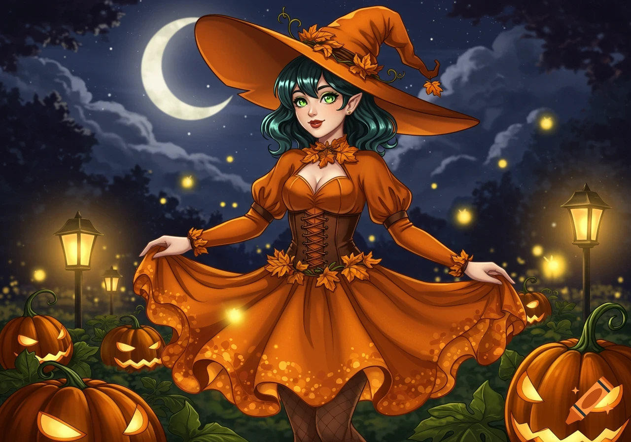 An anime-style witch with green hair and a pumpkin-orange dress and hat stands among glowing jack-o'-lanterns at night under a crescent moon.