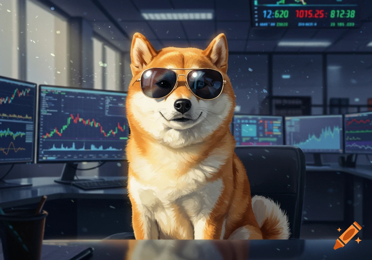 A cool Shiba Inu dog wearing sunglasses sits in front of multiple stock trading screens.