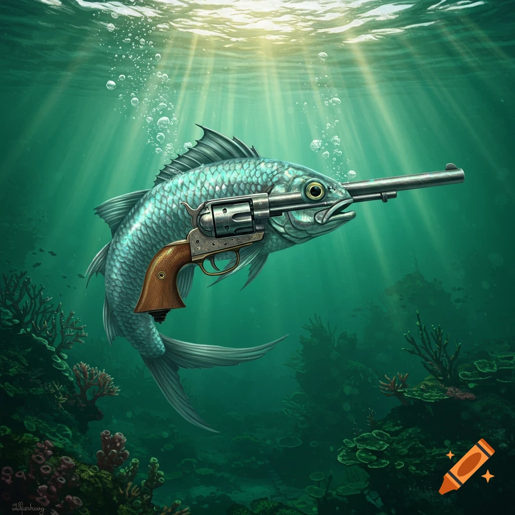 An illustrated fish holding a revolver in its mouth underwater with sunlight and coral.