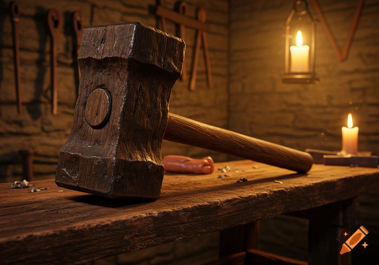 A large, textured wooden hammer rests on a rustic wooden workbench in a dimly lit workshop, with candles and tools in the background.