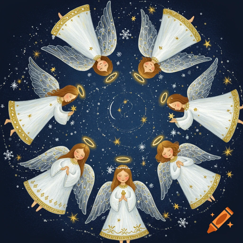 Seven cute illustrated Christmas angels with halos and wings arranged in a circle against a starry night sky.