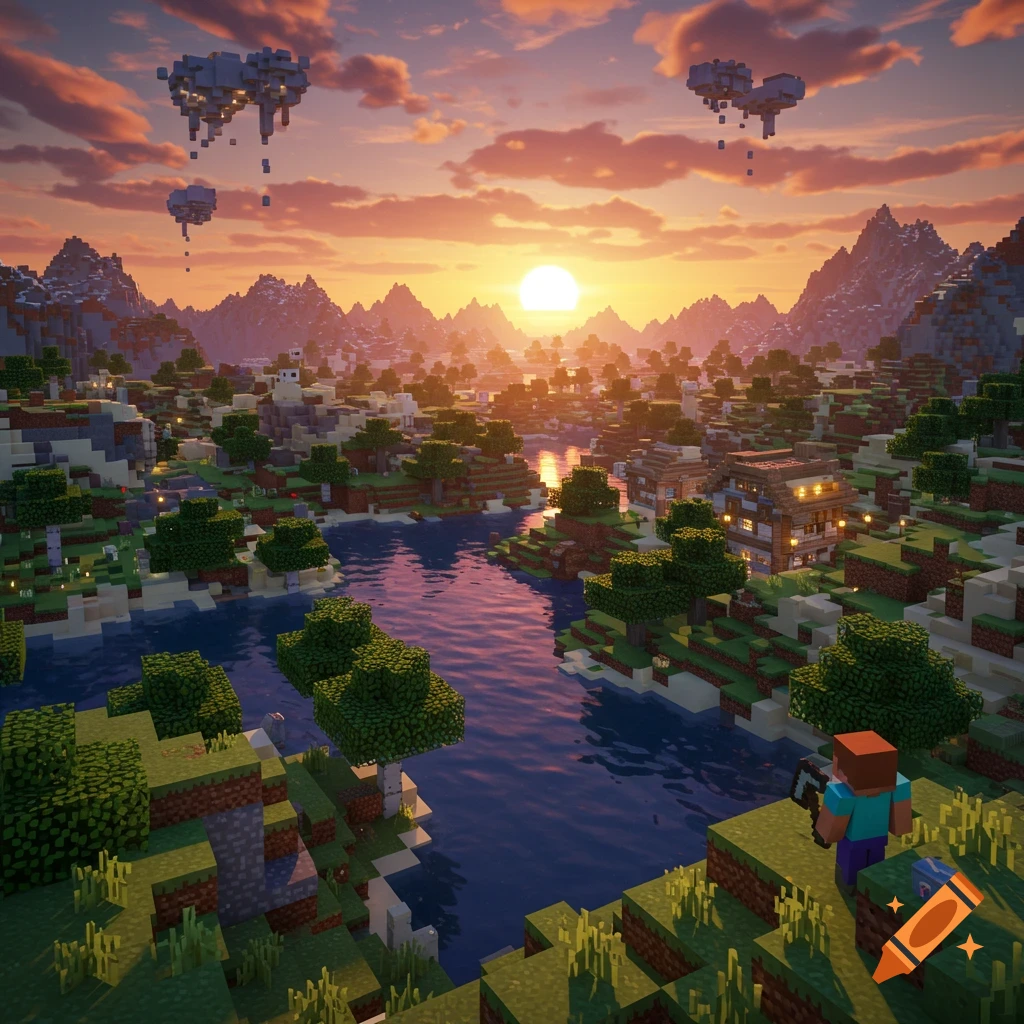 A vibrant, detailed Minecraft landscape with snowy mountains, a winding ...