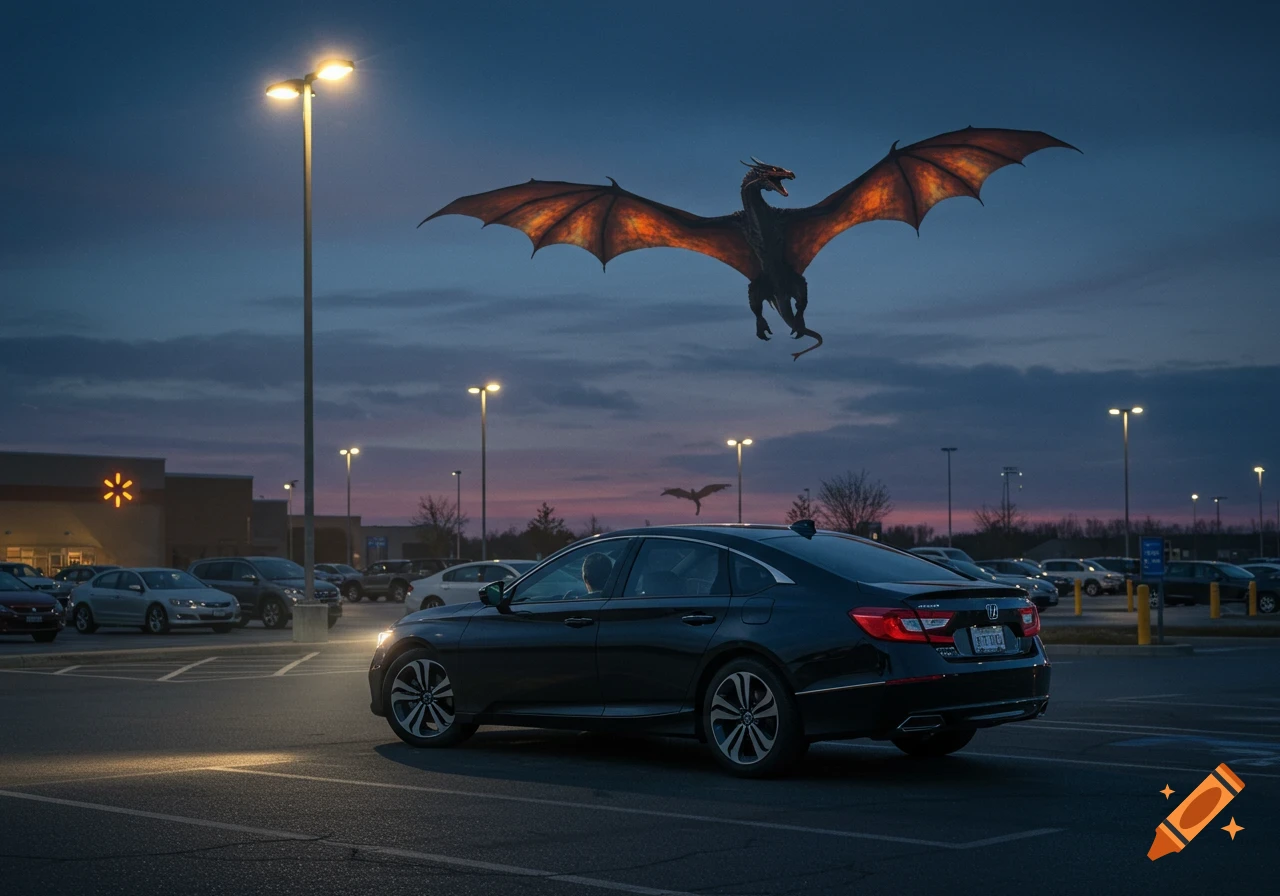 A black car in a Walmart parking lot at dusk, with a large winged dragon flying overhead.
