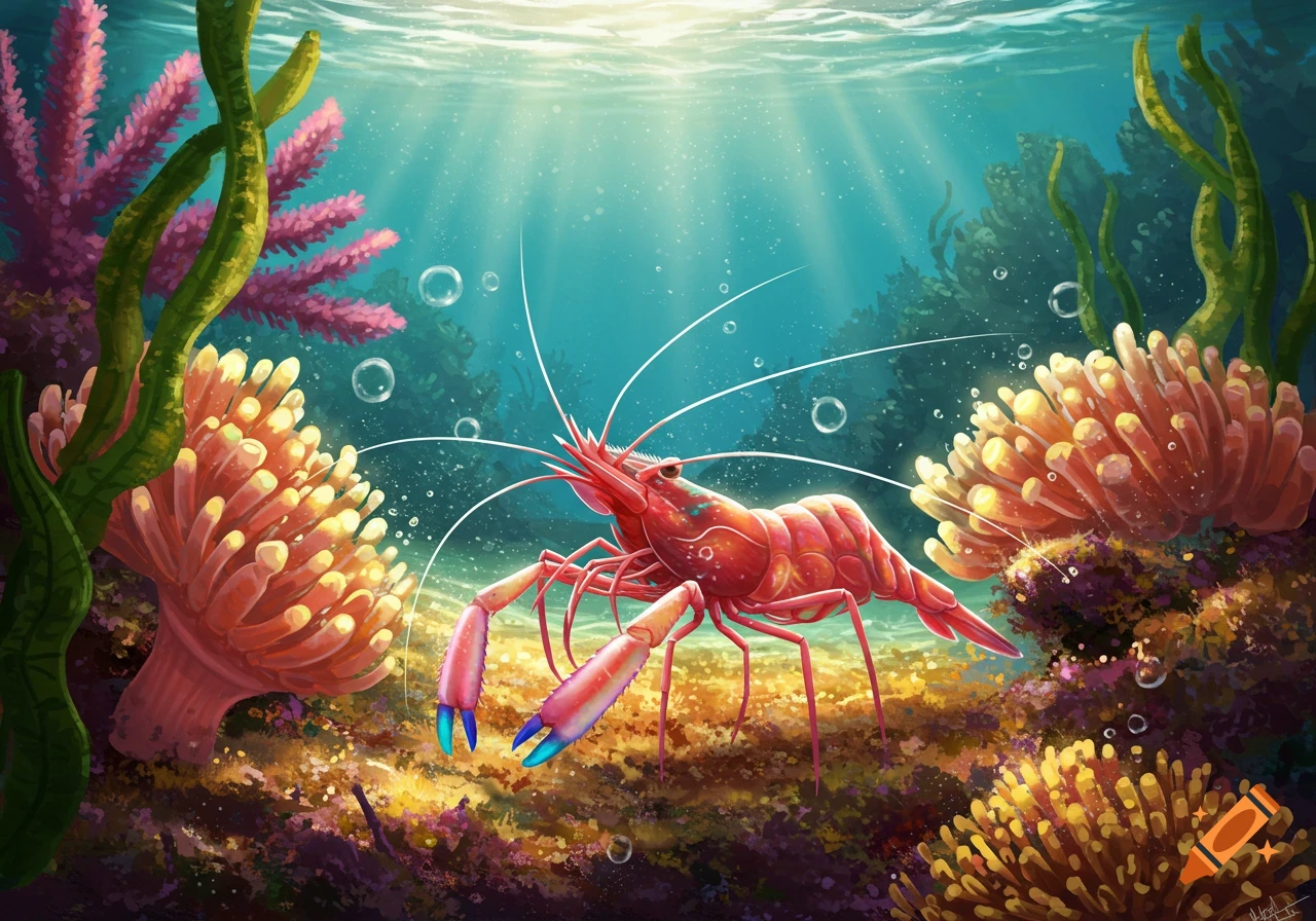 A vibrant red shrimp with large claws stands on the ocean floor surrounded by colorful coral, seaweed, and floating bubbles, with sunlight streaming from above.