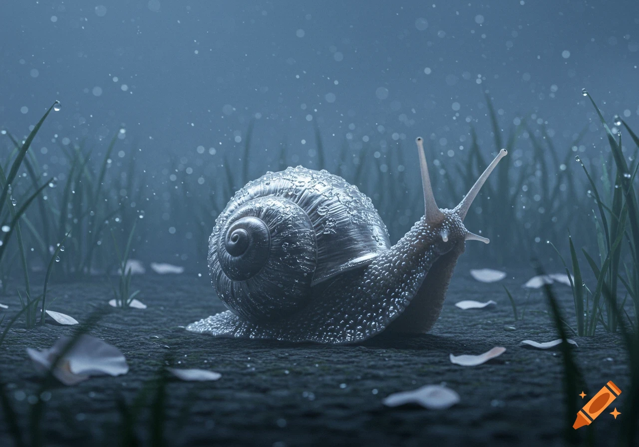 A close-up, photorealistic view of a snail with a metallic-looking shell covered in water droplets, on dark ground amidst blades of grass and falling water drops.