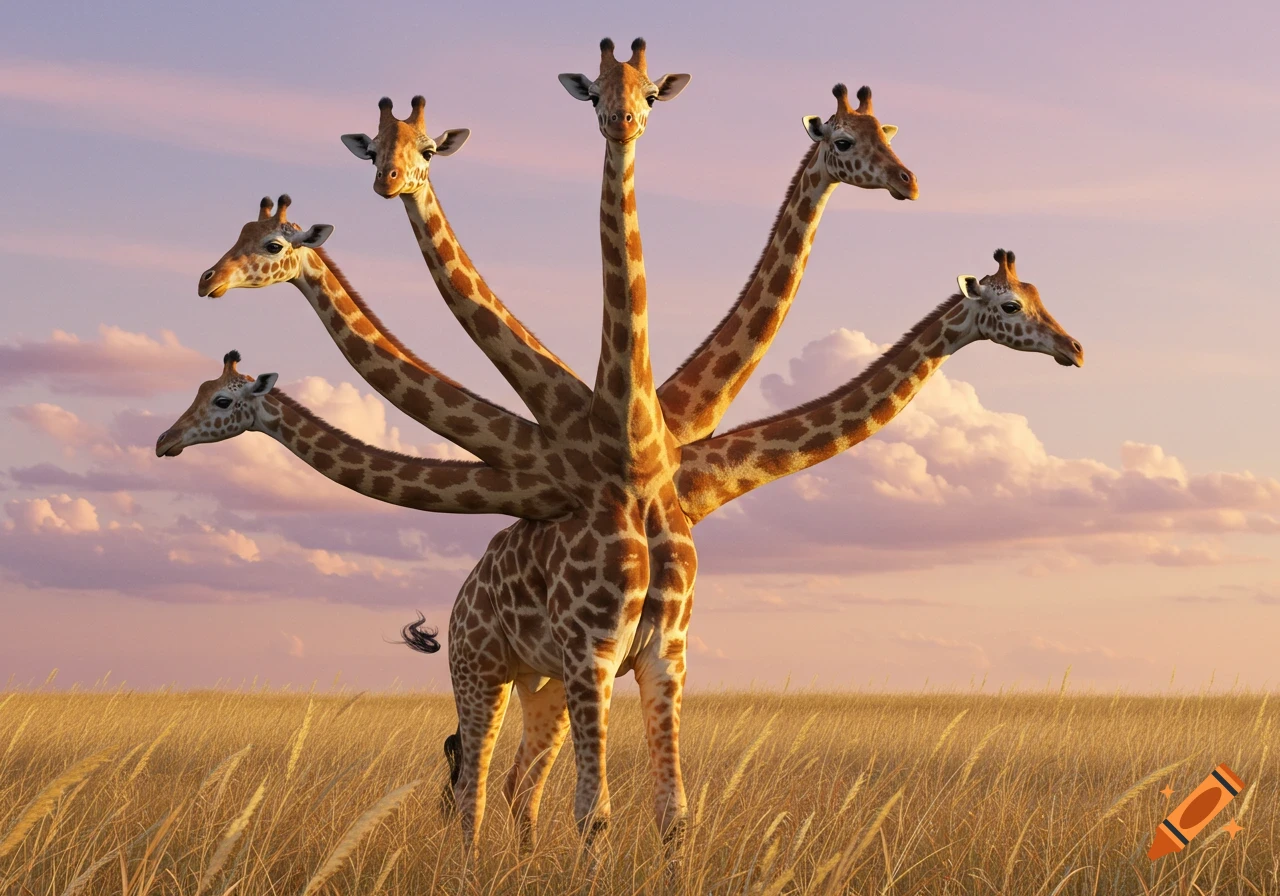 A fantastical giraffe with six heads stands in a golden grassy field under a pastel sky.