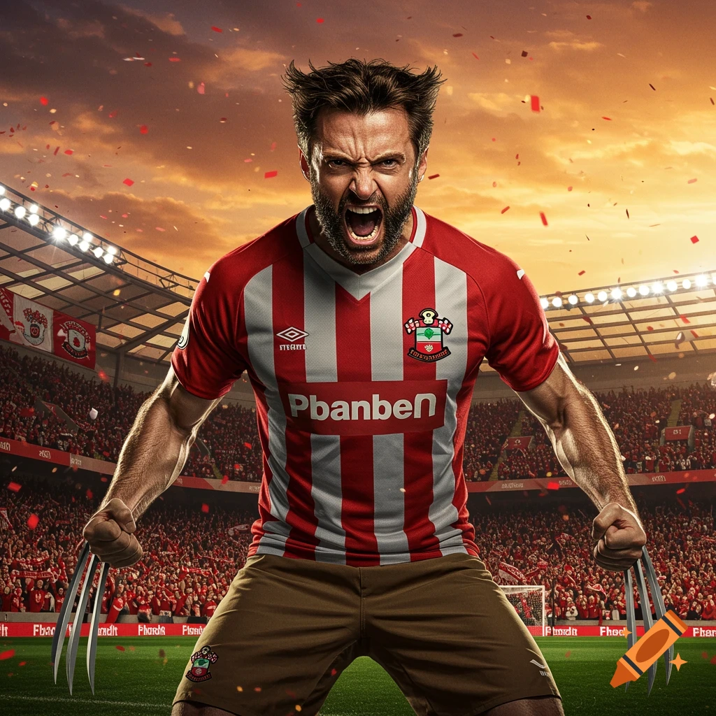 Wolverine in a red and white Southampton FC football shirt, roaring with claws extended, on a packed stadium field at sunset.