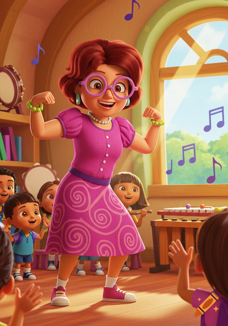 A cartoon teacher with red hair and pink glasses flexes her arms in a music classroom filled with diverse children and floating musical notes.
