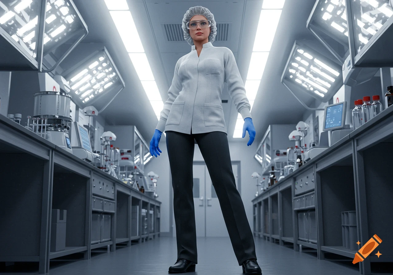 A woman in a lab coat, hairnet, safety glasses, and blue gloves stands in a modern, well-lit laboratory.