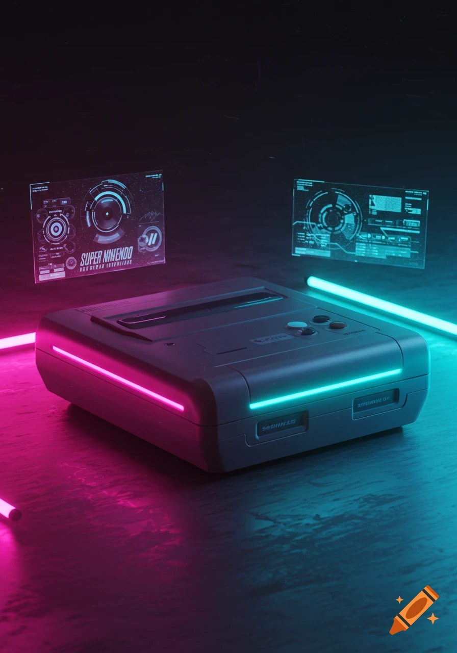 A futuristic Super Nintendo console glows with pink and blue neon lights on a dark surface, with holographic screens displaying UI elements in the background.