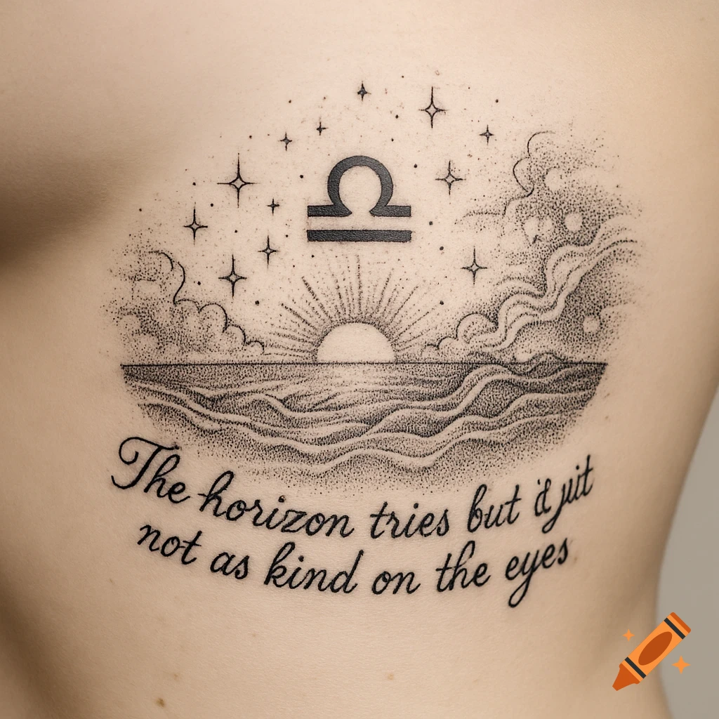 A dot-work tattoo on a person's side with a Libra sign, stars, a sun rising over waves, and text below.