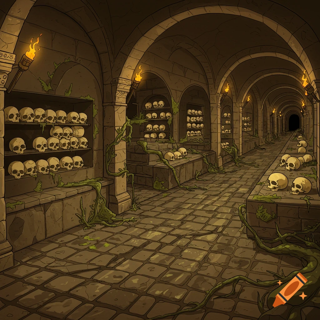 Cartoon illustration of a dark catacomb hallway lined with shelves and piles of human skulls, lit by torches, with green vines on the stone.