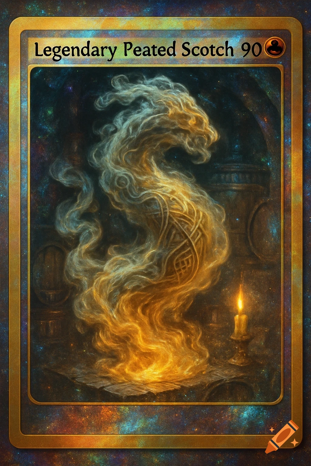 A golden trading card featuring a swirling smoky spirit, labeled 'Legendary Peated Scotch 90', with a lit candle.
