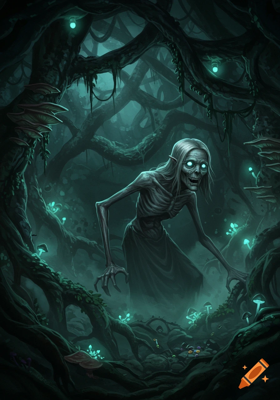 A gaunt, pale creature with glowing eyes and sharp teeth lurks in a dark, overgrown forest filled with twisted roots and bioluminescent mushrooms.