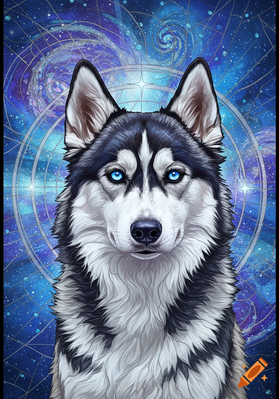 Close-up of a husky/German Shepherd mix dog with piercing blue eyes against an ethereal, celestial stained glass background.