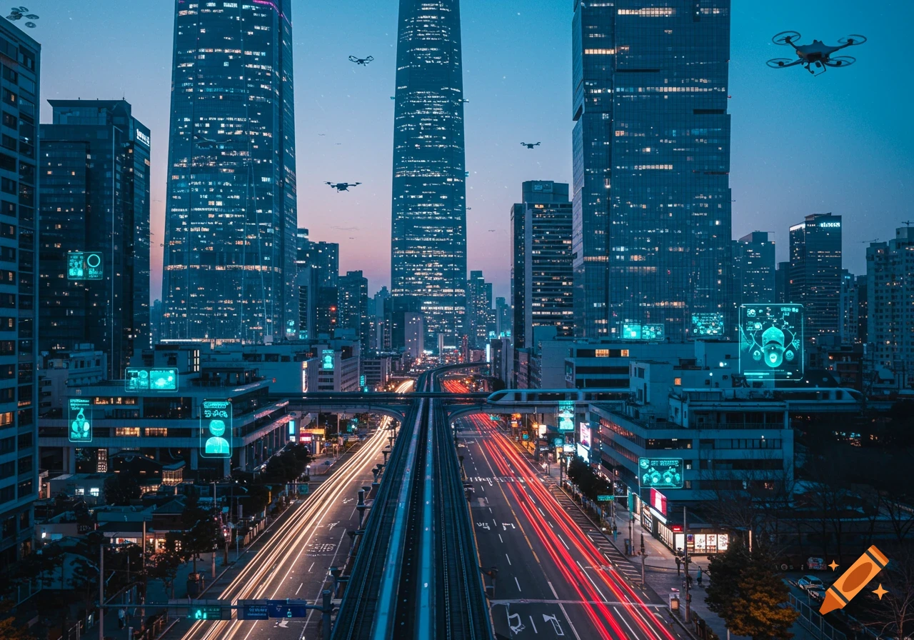 A photorealistic night view of a futuristic city with towering skyscrapers, glowing roads with light trails, and drones flying above.